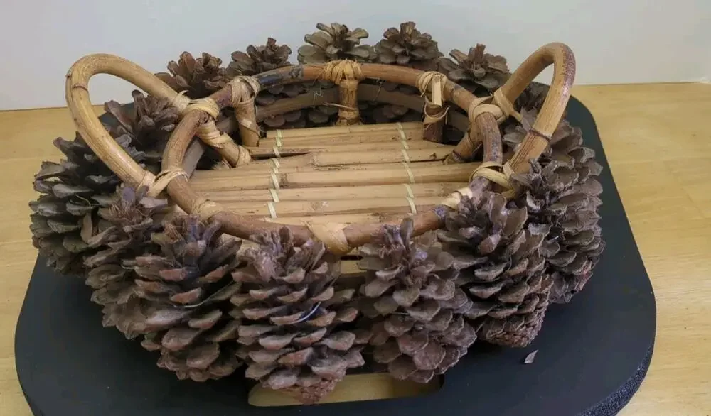 Round Bamboo Basket With Pine Cones And Handles 12 Inches Made In Philippines